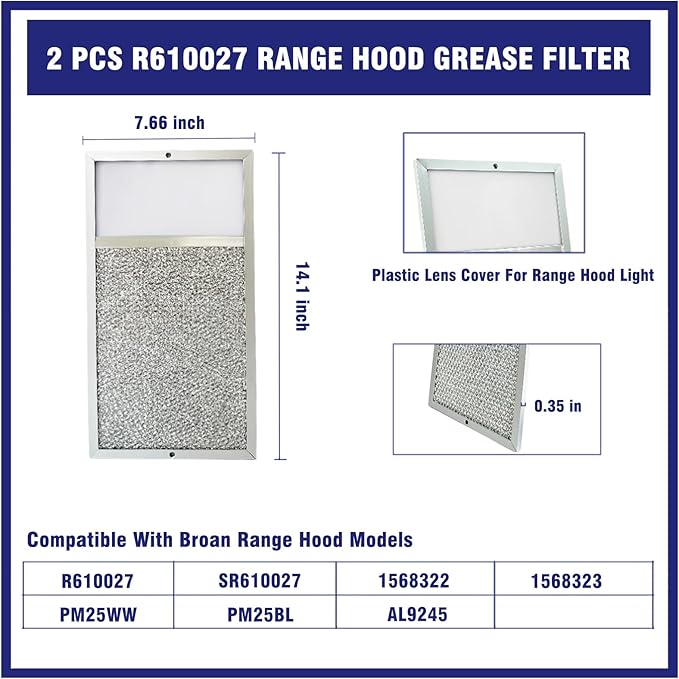 2 Pcs R610027 Range Hood Grease Filter Replacement with Light Lens Compatible with Broan R610027 SR610027 1568322 1568323 PM25WW PM25BL AL9245, 7-5/8'' x 14-1/8''
