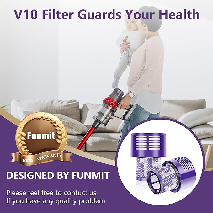 Funmit V10 Filters Replacement for Dyson V10 Cyclone Series, V10 Absolute, V10 Animal, V10 Total Clean, V10 Motorhead, SV12 Vacuum Cleaner, Replaces Part # 969082-01, 3 Pack