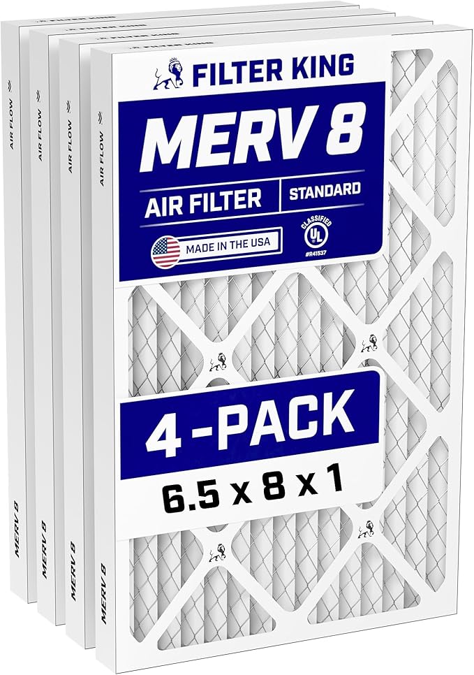 Filter King 6.5x8x1 Air Filter (MERV 8) (4-Pack) Dust & Allergy Control AC Furnace Filters, MADE IN USA, HVAC, Pleated, Electrostatic (Actual Size: 6.5 x 8 x .75)