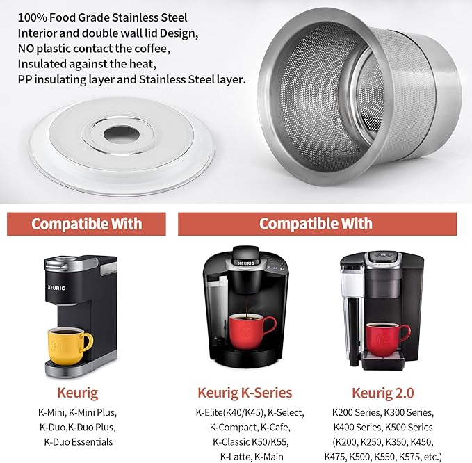 Hikey Reusable K Cups Coffee Pod Filters for Keurig 1.0 & 2.0 Single Cup Coffee Makers, Universal Refillable KCups Filter, 2 Pack