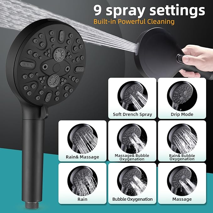 Filtered Shower Head with Handheld - High Pressure 9 Spray Modes Showerhead with 16-Stage Water Softener for Hard Water - Purifying Detachable Hand Held Shower Head, Matte Black