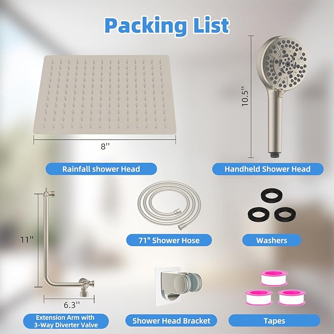 All Metal Shower Head, 8" High Pressure Rainfall/Handheld Shower Combo with 11" Extension Arm, 10-Spray Handheld Showerhead, 71" Long Hose, 3-Way Diverter Valve, Brushed Nickel
