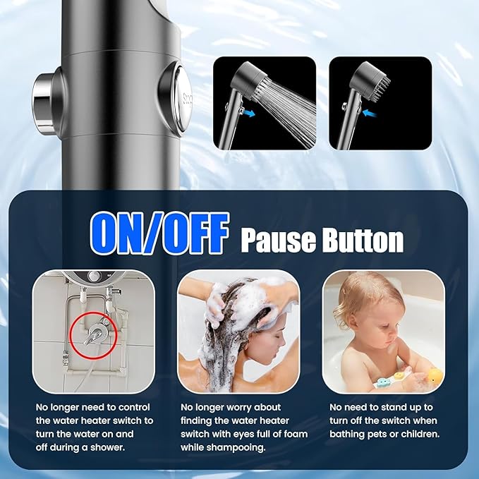 PWERAN Filtered Shower Head with Handheld, 3+1 Spray Modes High Pressure Shower Head with 2-PCS Filters for Hard Water Remove Chlorine, Detachable Showerhead with ON/OFF Switch for Pet Bath (Gray)
