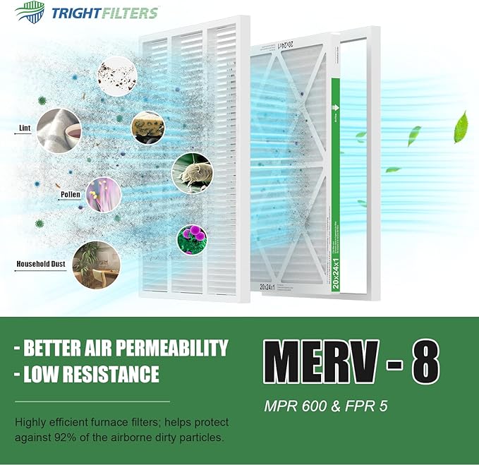 TRIGHTFILTERS 20x24x1 Air Filter 4 Pack, MERV 8 Pleated Dust Defense Air Filters Replacement Air Conditioner HVAC AC Furnace Filter, Durable and Lightweight