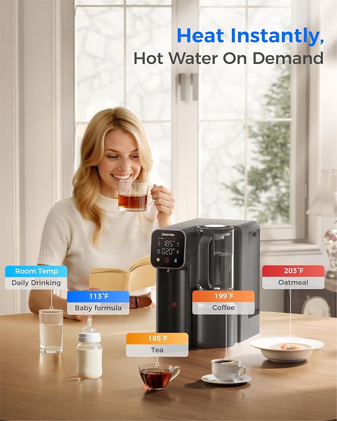 Waterdrop M6H Instant Hot Reverse Osmosis System Countertop Water Filter, 7-Stage, 3:1 Pure to Drain, Hot Water Dispenser with 5 Temperature Options, RO System with Glass Pitcher