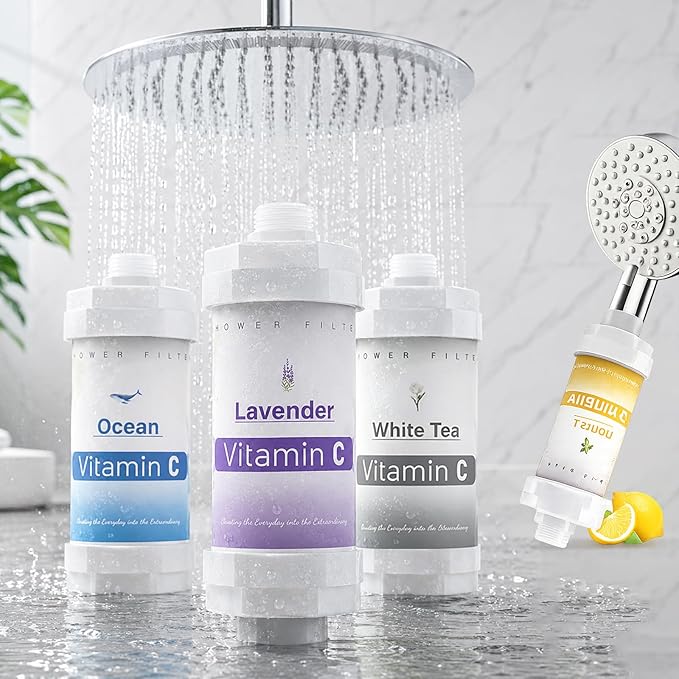 4PCS Vitamin C Shower Filter for Hard Water Filter Shower Aromatherapy Bathroom Accessories Fixed Handheld Showerheads Bathtub Faucet Remove Chlorine Fluoride Heavy Metals Lemon Jasmine Lavender Ocean
