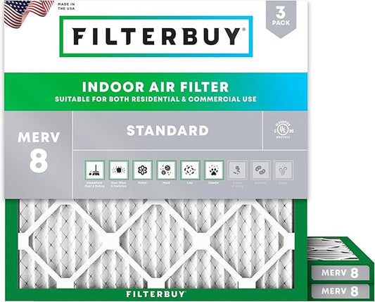Filterbuy 23.5x23.5x1 Air Filter MERV 8 Essential Dust & Allergy Defense (3-Pack), Electrostatic Pleated HVAC AC Furnace Filters Replacement, Made in USA (Actual Size: 23.38 x 23.38 x 0.75)