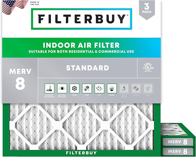 Filterbuy 17x17x1 Air Filter MERV 8 Essential Dust & Allergy Defense (3-Pack), Electrostatic Pleated HVAC AC Furnace Filters Replacement, Made in USA (Actual Size: 17.00 x 17.00 x 0.75)