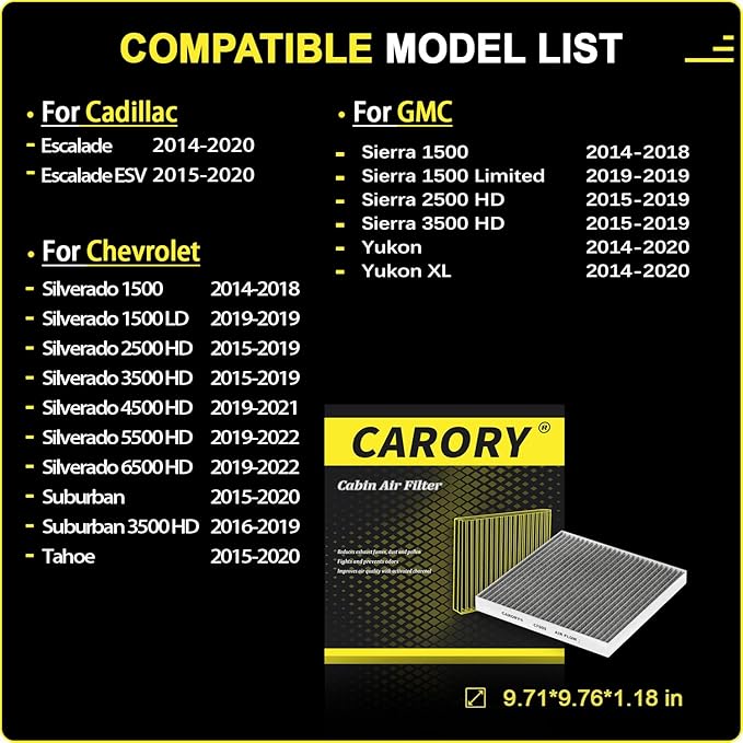 CARORY Cabin Air Filter w/Activated Carbon for Chevy Silverado 1500 2014-2018, Tahoe 2015-2020, Suburban 2015-2020, GMC Sierra 1500 2014-2018, Yukon 2014-2020, Yukon XL 2014-2020