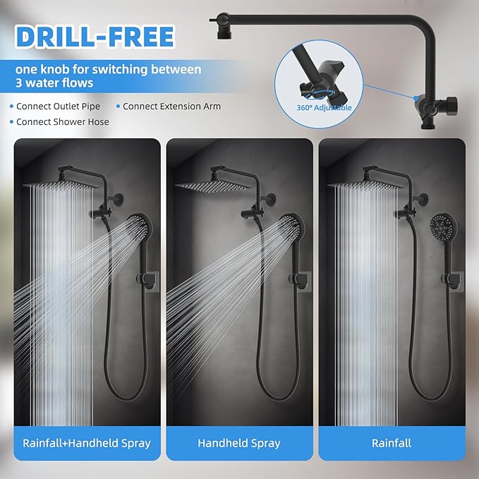 All Metal Shower Head, 8" High Pressure Rainfall/Handheld Shower Combo with 11" Extension Arm, 10-Spray Handheld Showerhead, 71" Long Hose, 3-Way Diverter Valve, Matte Black