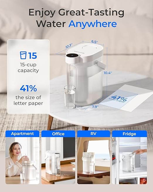 Waterdrop ED25TW Rechargeable Water Filter Dispenser, TDS Reduction，Retain Key Minerals, Instantly Improve Flavor, 15-Cup 5-Stage Portable Countertop Water Filtration System with 1 Filter, White