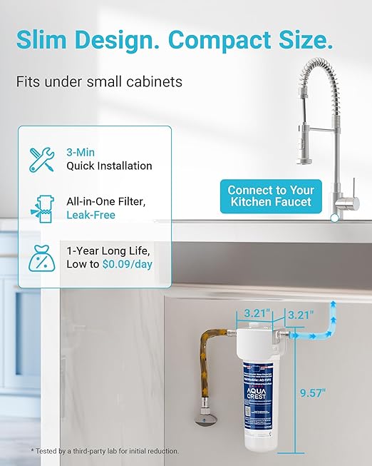 AQUA CREST UP16 Under Sink Water Filter System, Reduces up to 99.52% Chlorine, Bad Taste & Odor, Under Counter Water Filter Direct Connect to Kitchen Faucet, 11K Gallons