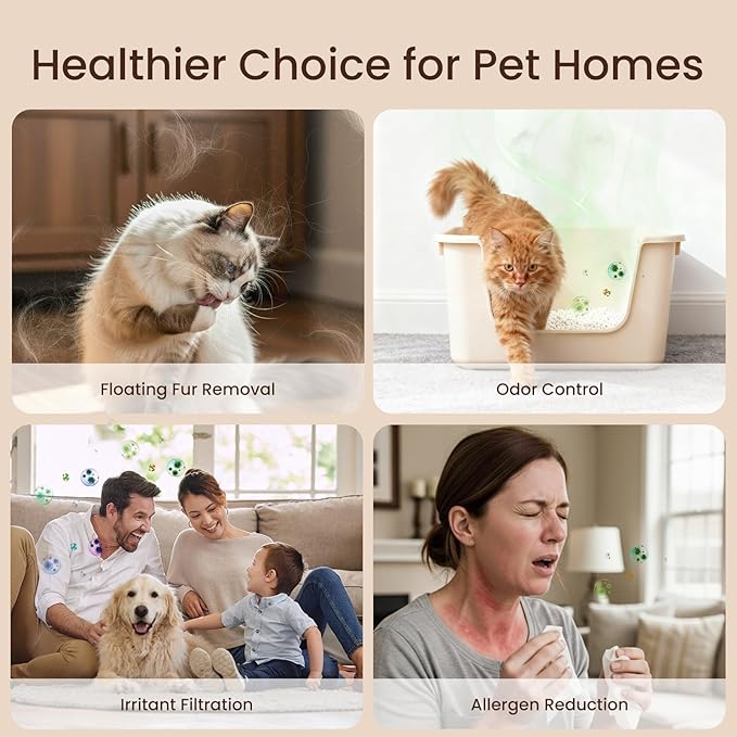 Provirtec Air Purifier for Home Pets, H13 True HEPA Filter, 4-Side Wide Intake, Trap Pet Odor Floating Fur Dander & Allergies, Auto & Pet Mode, Washable Pre-Filter, Ultra Quiet for Bedroom Large Room