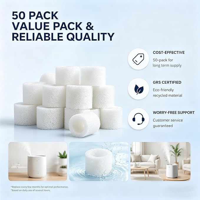50-Pack Top Fill Humidifier Replacement Filters Compatible with Levoit Humidifier Models Classic160, Dual150, Dual200S, Classic300S, LV600S, OasisMist 450S, Superior 6000S