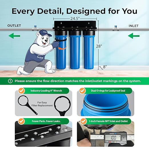 iSpring WGB32B+AHPF12MNPT16X2 3-Stage Whole House Water Filter System, Reduces Chlorine, Sediment Home Water Filtration System w/ 3/4'' Push-Fit Braided Stainless Steel Hose Connectors