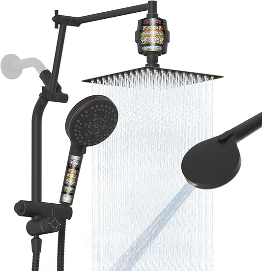 Filtered Metal 10" Rain Shower Head Combo- High-Pressure 10-Mode Handheld Shower with Power Wash, Easy Reach 4-Way Diverter with Pause Mode, Adjustable 16" Extension Arm/71" Hose, Oil Rubbed Bronze
