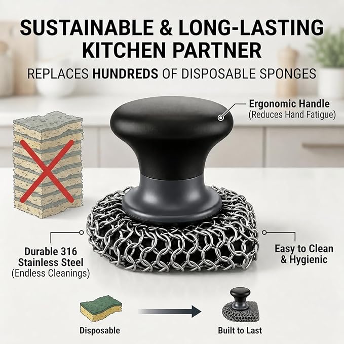 Cast Iron Scrubber and Scraper | 316 Chainmail Scrubber for Cast Iron Pan Skillet Cleaner | Chain Mail Scrubber for Dishes Pots Wok Griddle Grill | Dish Scouring Pad Dishwasher Safe, Black 02