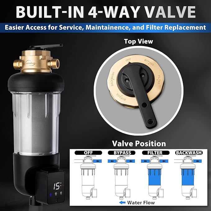 iSpring WSP500ARJ-BP Whole House Water Filter System Prefilter, Auto Flushing Spin Down Sediment Filter for Well Water, Integrated Bypass, 4-Mode Touch-Screen, Reusable, Jumbo Size, 500 Micron