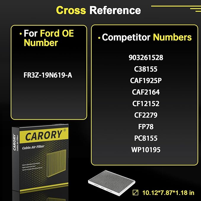 CARORY Cabin Air Filter w/Activated Carbon for Ford Mustang 2015 2016 2017 2018 2019 2020 2021 2022 2023 2024 2025 2026, FR3Z-19N619-A, CF12152, FP-78