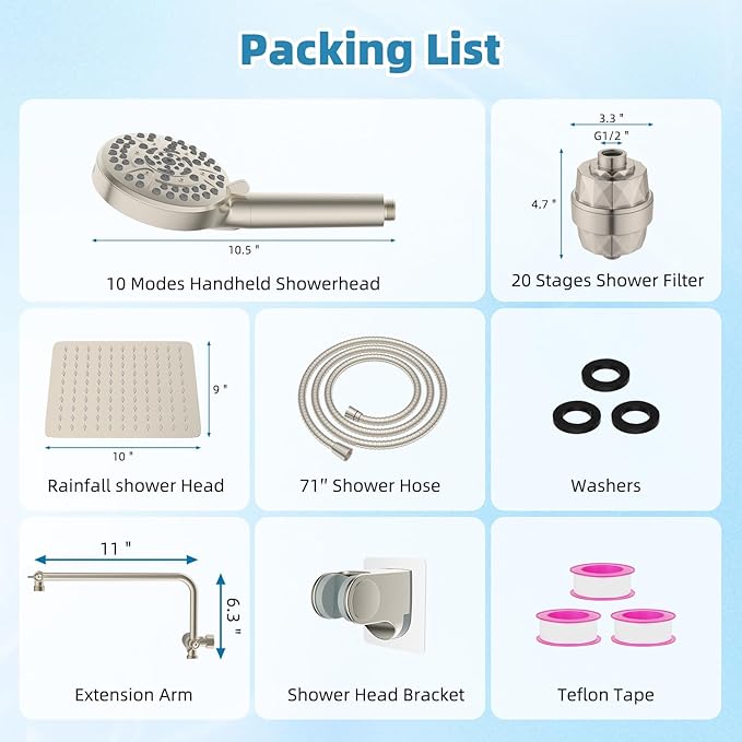 Filtered Shower Head, 10" High Pressure 10-Spray Handheld/Rainfall Shower Head Combo with 20 Stage Shower Filter, 11" Shower Extension Arm, 71" Hose, Shower Head Holder, Brushed Nickel