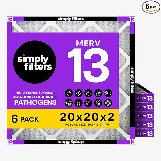 Simply 20x20x2 Air Filter, MERV 13, 6 Pack, Furnace Air Filter for HVAC (Actual Size: 19.5"x19.5"x1.75") DUST, Pet & Allergy Control