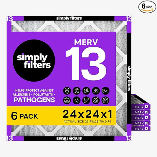 Simply 24x24x1 Air Filter, MERV 13, 6 Pack, For Home AC Furnace & HVAC (Actual Size: 23.75"x23.75"x0.75") DUST, Pet, & Allergy Control