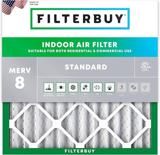 Filterbuy 25x25x2 Air Filter MERV 8 Essential Dust & Allergy Defense (1-Pack), Electrostatic Pleated HVAC AC Furnace Filters Replacement, Made in USA (Actual Size: 24.50 x 24.50 x 1.75)