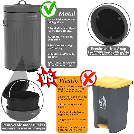 PAWZIDEA Dog Poop Trash Can Outside Odor Control, 3.1Gallon Large Pet Poop Can Outdoor with Lid No Smell, Waterproof Pet Waste Trash Can, Dog Waste Station Step Garbage Can Bin Container Backyard,Grey