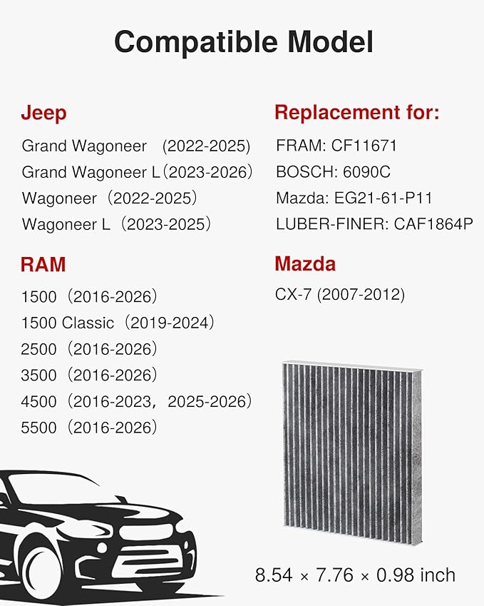 Puroma Cabin Air Filter with Activated Carbon, Replacement for CF11671, 6090C, CAF1864P, Mazda: EG21-61-P11, Jeep Grand Wagoneer, Wagoneer, Mazda CX-7, RAM 1500, 1500 Classic, 2500, 3500, 4500, 5500