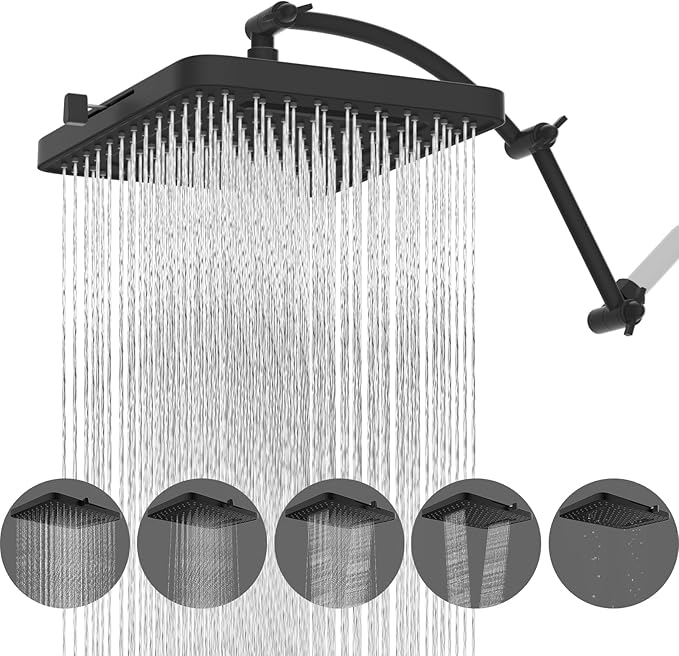 Hibbent Rain Shower Head, 13'' High Pressure Rainfall 5 Spray Mode Showerhead with 16" Shower Head Extension Arm, Solid Brass Adjustable Shower Arm Extender, Waterfall fixed Showerheads, Matte Black