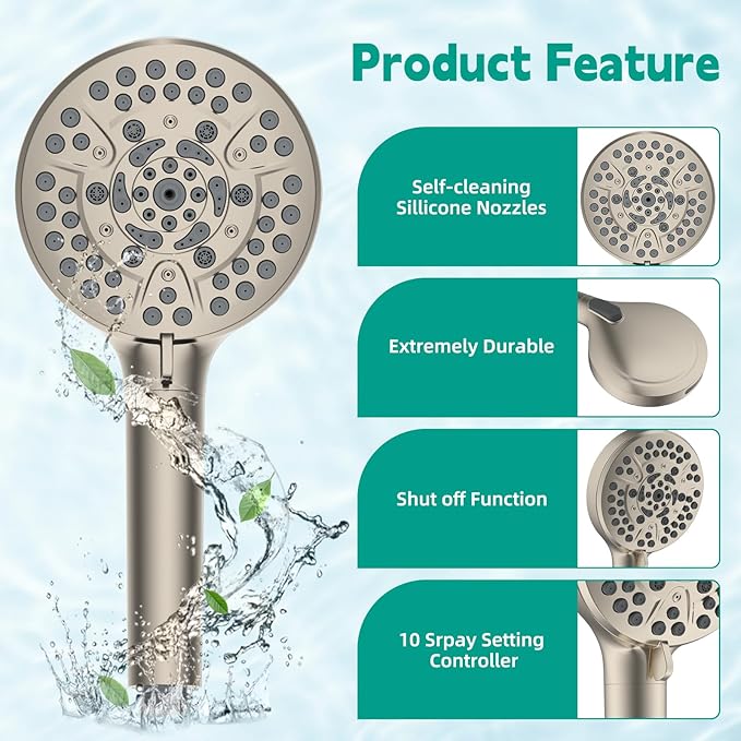 Hibbent Filtered Shower Head with Handheld, High Pressure 10 Spray Showerhead with 3 Filters, Water Softener for Hard Water-Remove Chlorine, Reduces Dry Itchy Skin, Improve Skin& Hair, Brushed Nickel