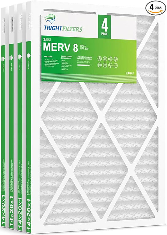 TRIGHTFILTERS 14x20x1 Air Filter 4 Pack, MERV 8 Pleated Dust Defense Air Filters Replacement Air Conditioner HVAC AC Furnace Filter, Durable and Lightweight