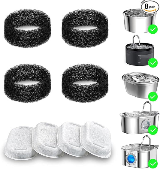 Wonder Creature 8 Pack Cat Water Fountain Filter Replacement, 4+4/8+8/12+12/16+16 Pack for Stainless Steel Cat Water Fountain 2L/67oz and 3.2L/108oz, 4 Carbon Filters & 4 Pre-Filter Sponges