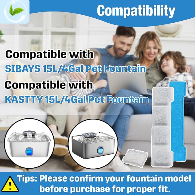 32-Pack Dog Water Fountain Filter Replacement Compatible with SIBAYS/Kastty 15L/4Gal Pet Dispensers, Activated Carbon Multilayer Filtration, Includes 16 Filters + 16 Pre-Filter + 16 Pump Sponges (L05)