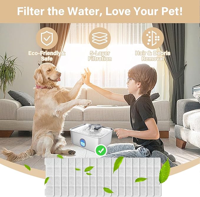 16+16 Pack Replacement Filters Compatible with SIBAYS/Kastty 4Gal/15L Stainless Steel Dog Water Fountain, Includes 16 Filters & 16 Sponges