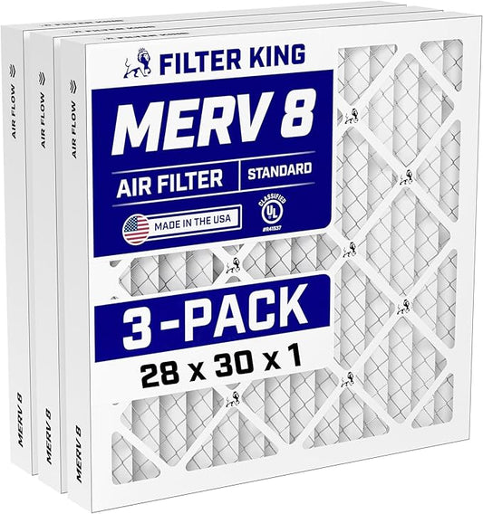 Filter King 28x30x1 Air Filter (MERV 8) (3-Pack) Dust & Allergy Control AC Furnace Filters, MADE IN USA, HVAC, Pleated, Electrostatic (Actual Size: 27.5 x 29.5 x .75)