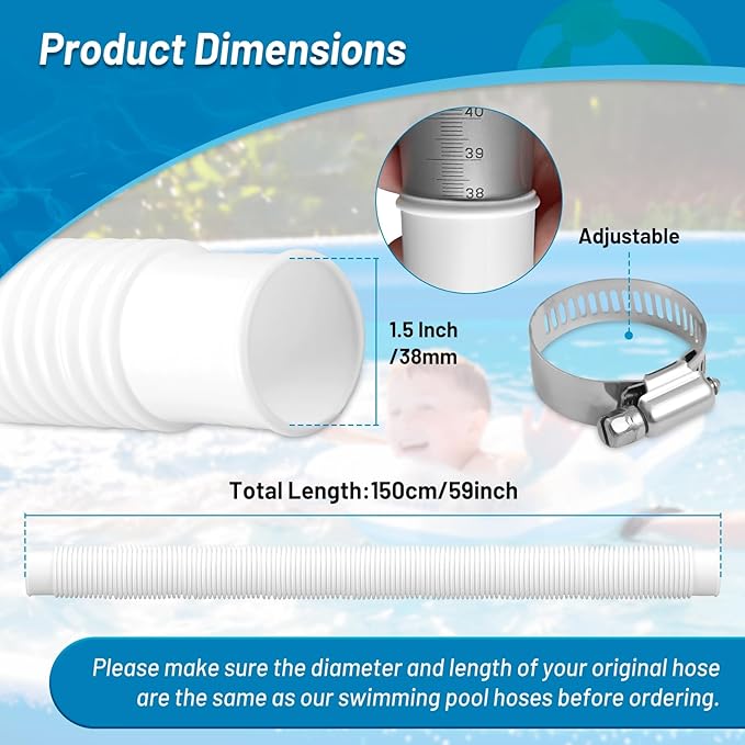 1.5" x 59" Pool Hoses for Above Ground Pools - Pool Pump Replacement Hose Compatible with In tex Coleman Skimmer Surface Skimmer Pool Pump Pool Filter, 3 Pack with 6 Hose Clamps