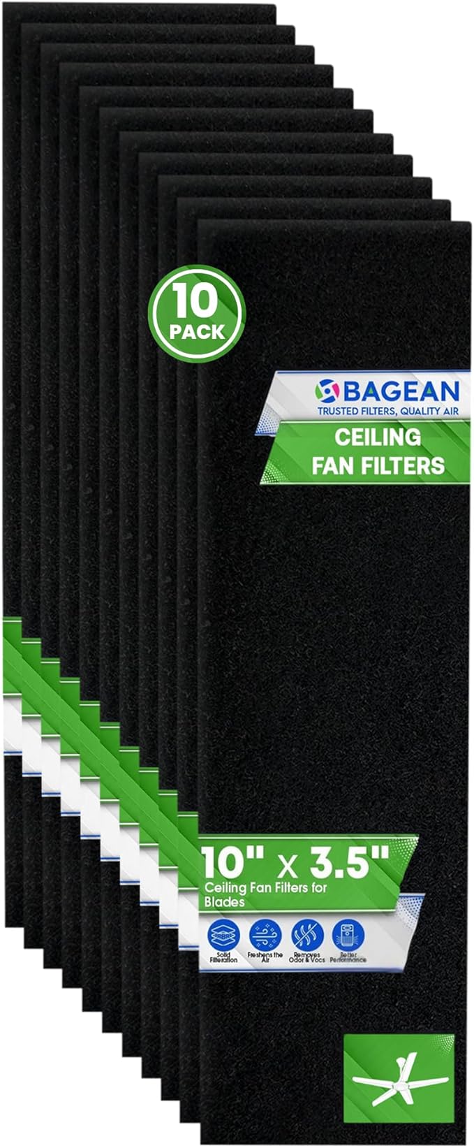 Ceiling Fan Filters for Blades - Coconut Shell Activated Carbon Unscented Dust Catcher Ceiling Fan Filter - Easy Peel & Stick on Fans - Blade Air Purifier Pads Absorbs Odor & Freshens the Air (10-Pcs)