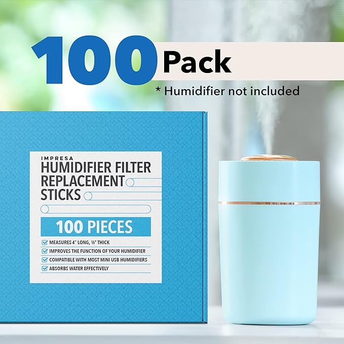 IMPRESA Humidifier Refill Sticks - 4 in x 0.3 in, Pack of 100 - Fast Soak Porous Absorption with Cotton Filter Sticks - Universal Fit & Filter for Mini Humidifier & Diffuser