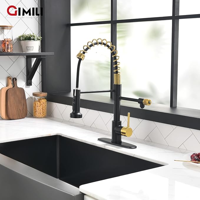 GIMILI Black and Gold Drinking Water Faucet 3 in1 Commercial Style Pull-Down Single Handle Filter Kitchen Faucet for Water Filtration System,Without Water Filtration Device