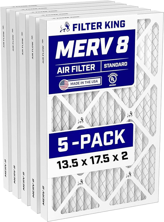 Filter King 13.5x17.5x2 Air Filter (MERV 8) (5-Pack) Dust & Allergy Control AC Furnace Filters, MADE IN USA, HVAC, Pleated, Electrostatic (Actual Size: 13.5 x 17.5 x 1.75)