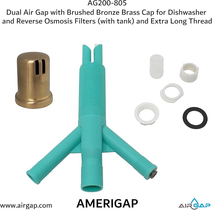 Dual Air Gap with Brushed Bronze Brass Cap for Dishwasher and Reverse Osmosis Filters (with tank) and Extra Long Thread (AG200-805, AG200-X05, AMERIGAP)