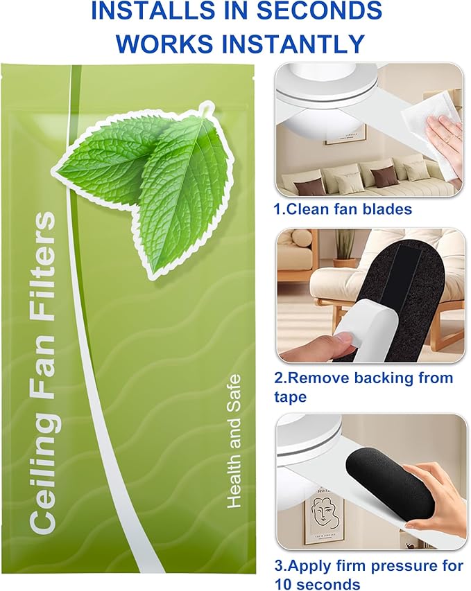 Universal Ceiling Fan Filters for Blades, Activated Carbon Fan Air Purifier Pads, Washable Reusable Dust Allergen Pet Dander Smoke Odor Eliminator, Easy Install (5 Pack)