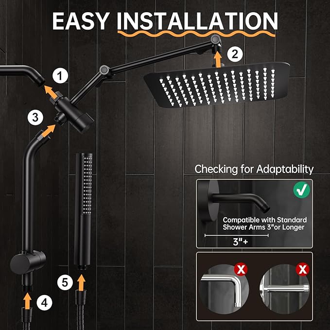 Veken All Metal 10" Black Shower Head with Handheld, Luxurious Square Double Rain Shower Heads with Power Wash Hand Held,Dual High Pressure Detachable Rainfall Showerhead with Arm,Bathroom,Matte Black