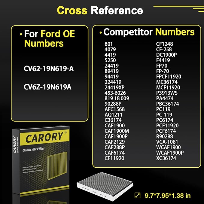 CARORY Cabin Air Filter w/Activated Carbon for Select 2013-2022 Ford, Lincoln Models - C-Max, Escape, Focus, Transit Connect, MKC, CV6Z-19N619A, FP-70, 2014 2015 2016 2017 2018 2019 2020 2021