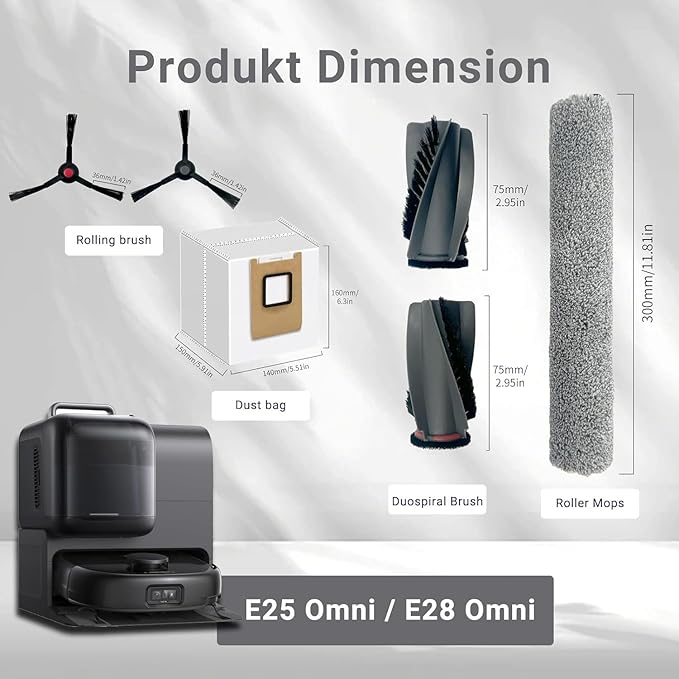 Replacement Parts Kit Compatible with Eufy Omni E25 / E28, Vacuum Cleaner Accessories Includes:2 Mop Roller Brush,2 Set Main Brush,8-Side Brush,5-Filter,6-Disposal Dust Bags