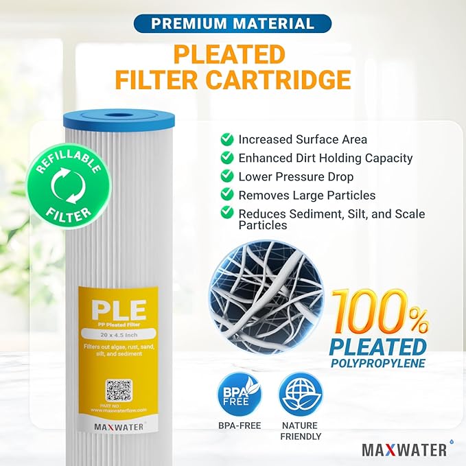 Max Water 25 Micron 20 x 4.5 Whole House Pleated Sediment Water Filter Replacement Cartridge for Well Water Filtration
