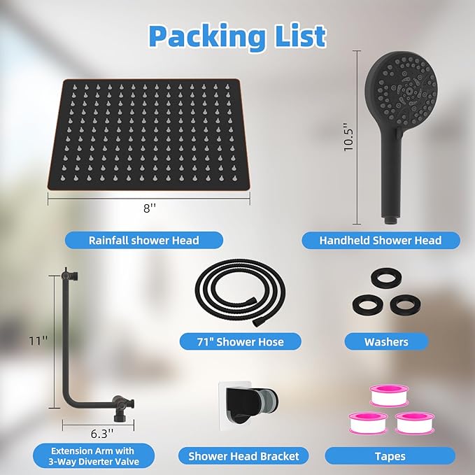 All Metal Shower Head, 8" High Pressure Rainfall/Handheld Shower Combo with 11" Extension Arm, 10-Spray Handheld Showerhead, 71" Long Hose, 3-Way Diverter Valve, Oil Rubbed Bronze