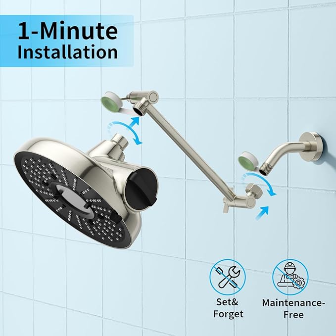 Filtered Shower Head with Extension Arm - EMBATHER 8 Inch Hign Output Showrhead with 3 Spray Settings, 18 Stage Filter for Hard Water, 11" Adjustable Arm, Brushed Nickel,Brass Swivel Ball Jiont