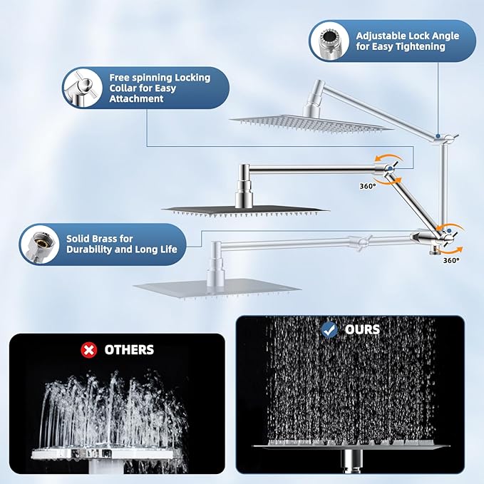 All Metal Rain Shower Head, 10” High Pressure Rainfall Shower Head with Handheld, 5" Large Handheld Showerhead Powerful Cleaning 10-Spray, 16" Shower Extension Arm Adjustable Height/Angle, Chrome